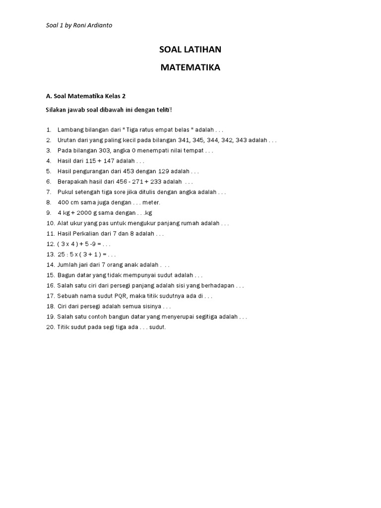 Soal Matematika 1 Kelas 2 Pdf
