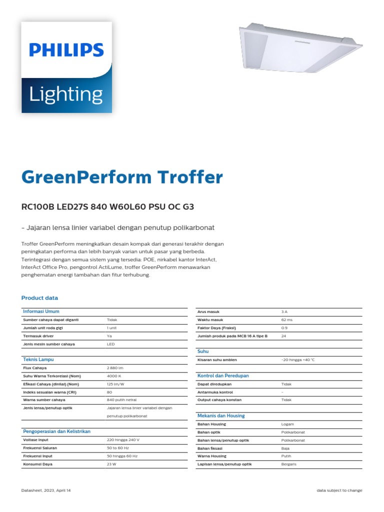 Troffer LED GreenPerform RC100B 840 60x60 | PDF