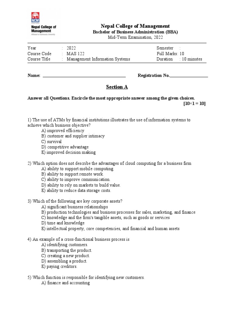 MIS QP - 2022 - Mid Term | PDF | Management Information System