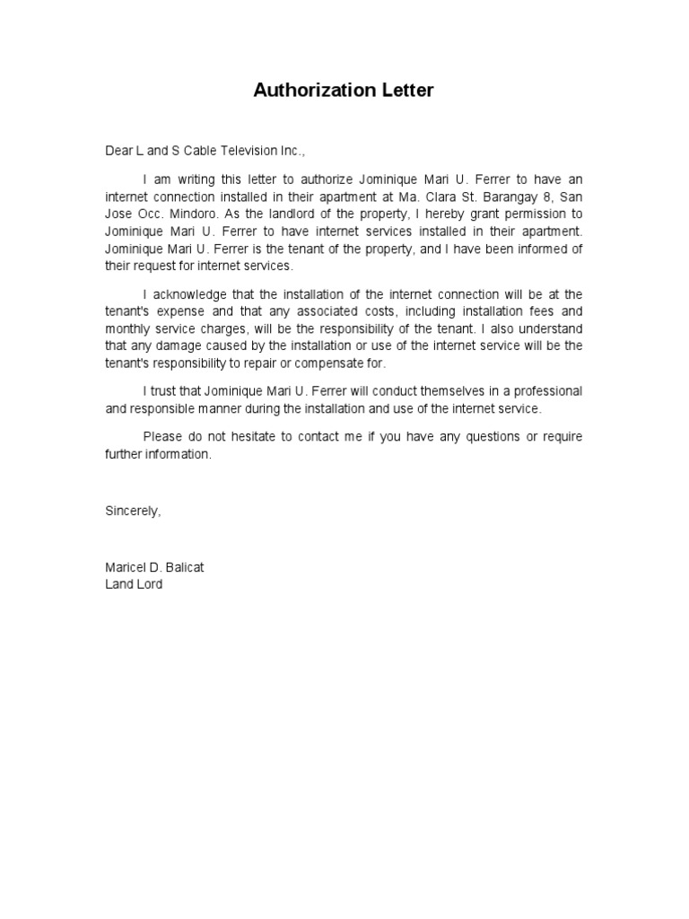 Authorization letter for internet pdf