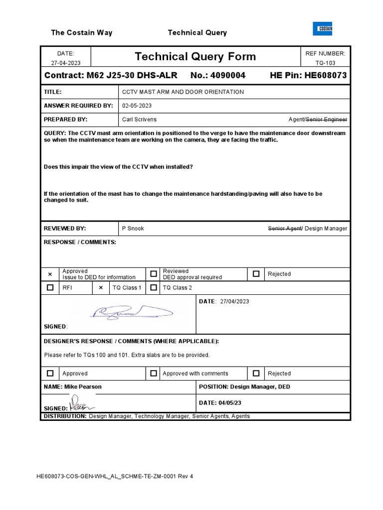 Technical Query Form: Contract: M62 J25-30 DHS-ALR No.: 4090004 HE Pin ...