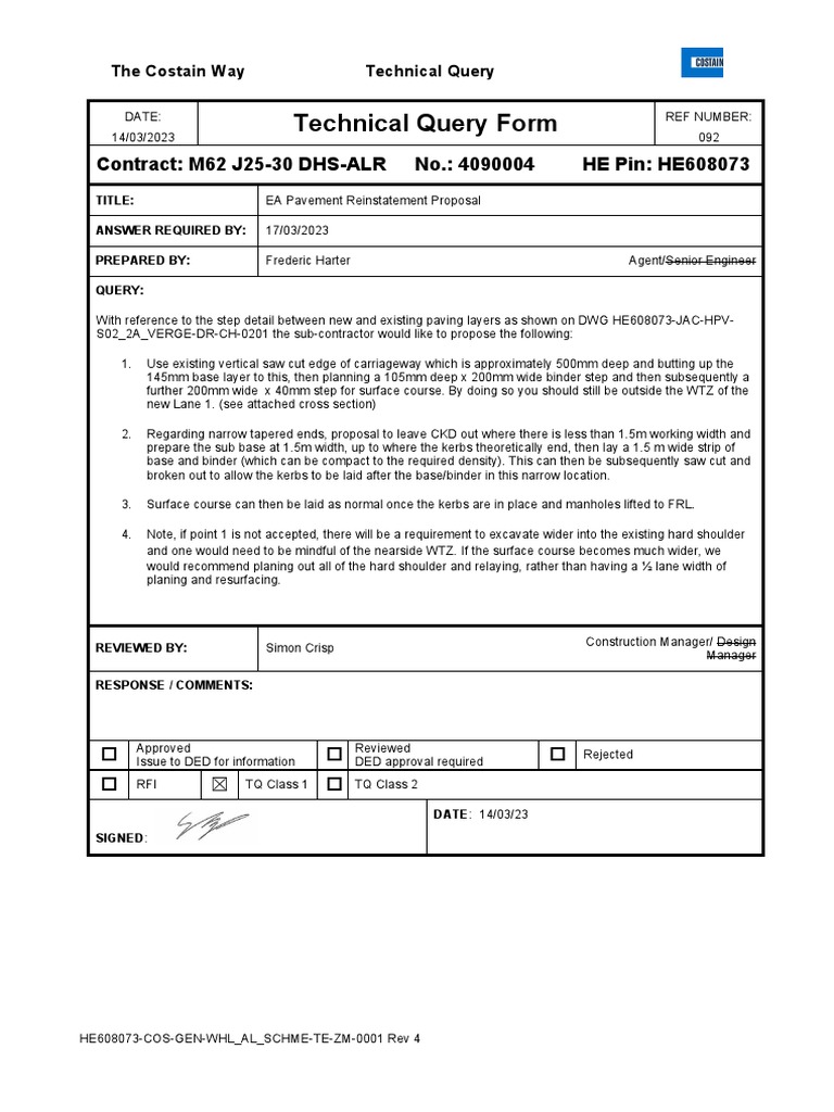 Technical Query Form: Contract: M62 J25-30 DHS-ALR No.: 4090004 HE Pin ...