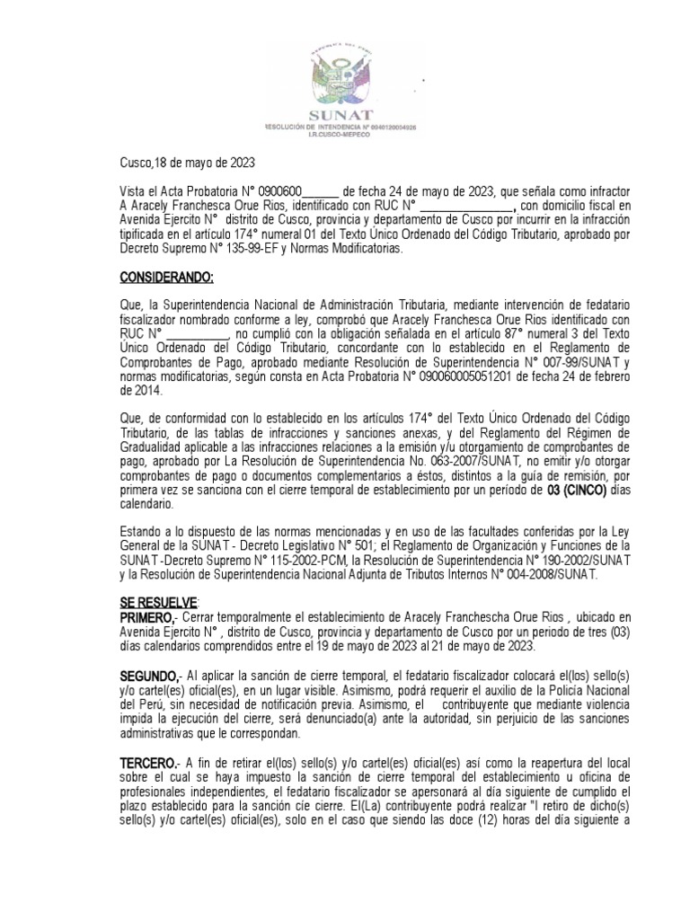 Cierre Temporal de Establecimiento SUNAT | PDF | Salario | Justicia
