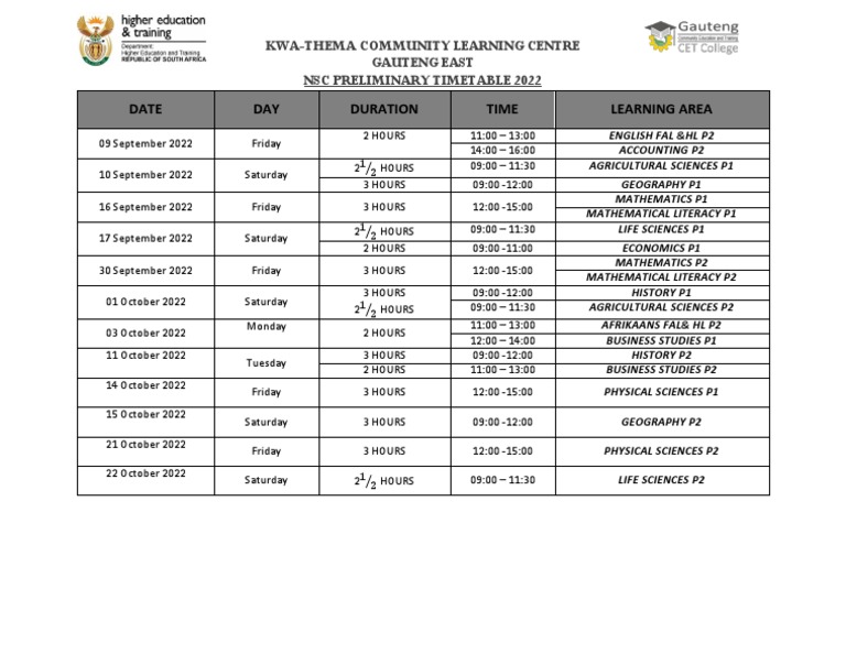 2022 NSC Prelim Timetable PDF