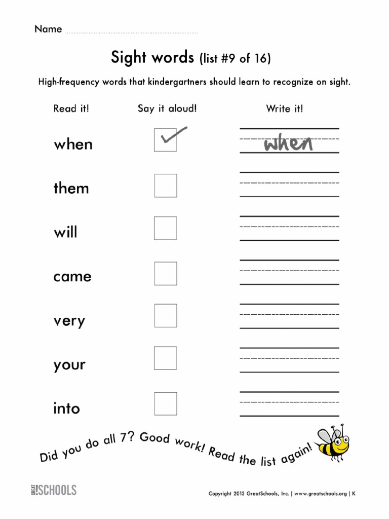 Sight Words Kindergarten 9 | PDF