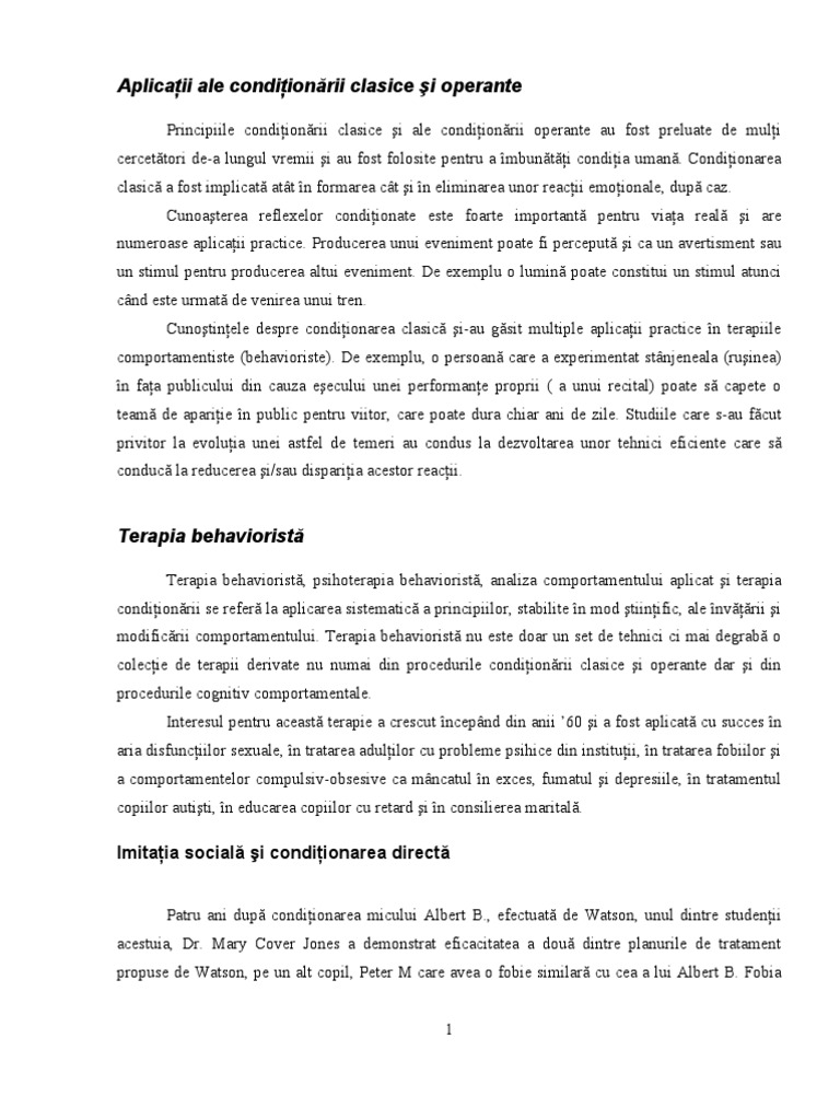 Aplicatii Ale Conditionarii Clasice Si Operante | PDF