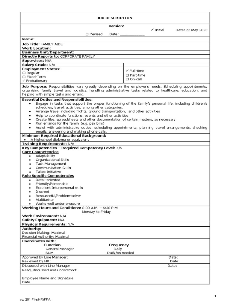 FAMILY AIDE JOB DESCRIPTION PDF