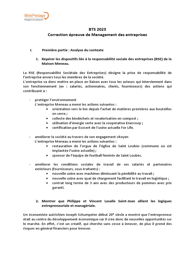 Correction Bts 2023 Management Entreprises Pdf