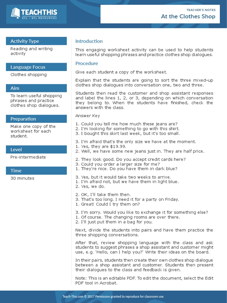 At The Clothes Shop | PDF | English As A Second Or Foreign Language ...