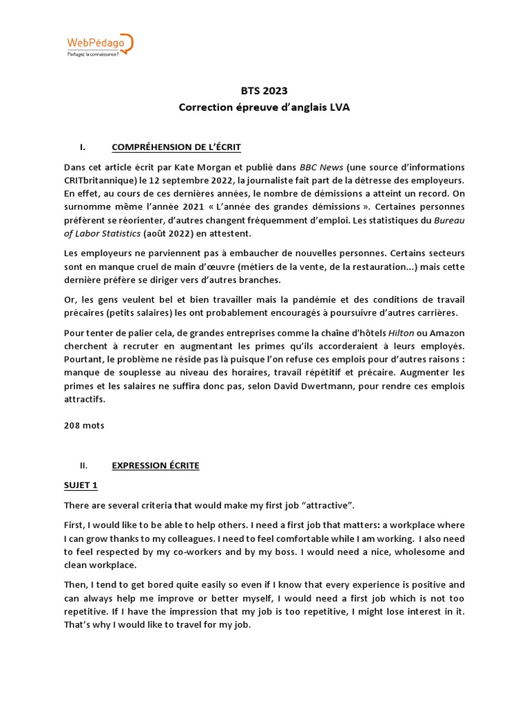 Correction BTS 2023 Anglais LVA | PDF