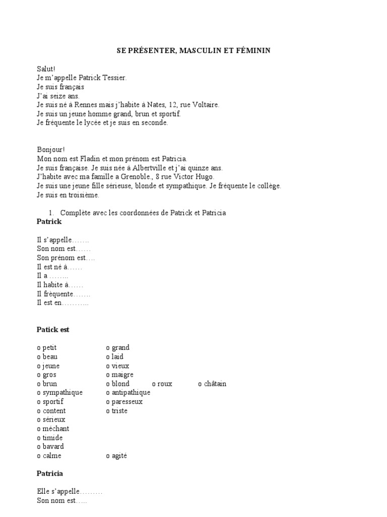 Se Presenter Masculin Feminin Pdf