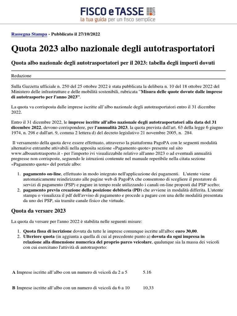 Quota 2023 Albo Nazionale Degli Autotrasportatori HTML PDF