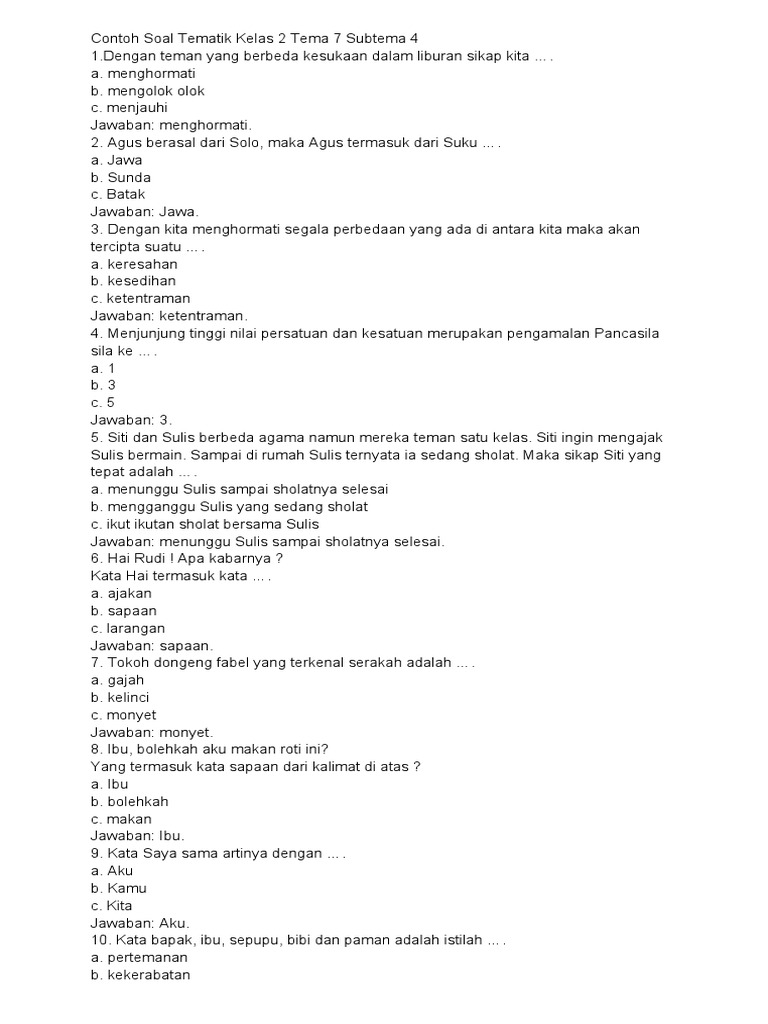 Mendalami Kebersamaan: Soal Tematik Kelas 2 Tema 7