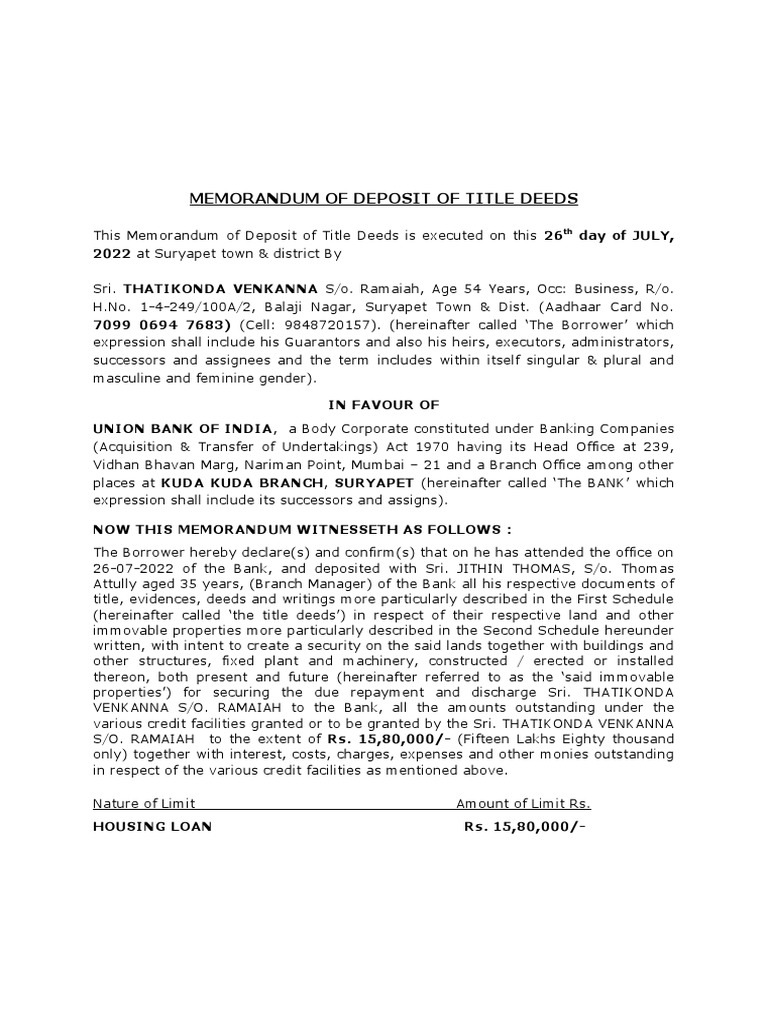 Memorandum of Deposit of Title Deeds | PDF | Law