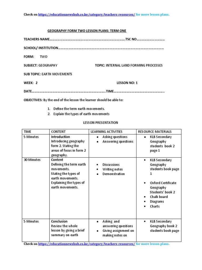 Geography Form Two Lesson Plans | PDF | Lesson Plan | Plate Tectonics