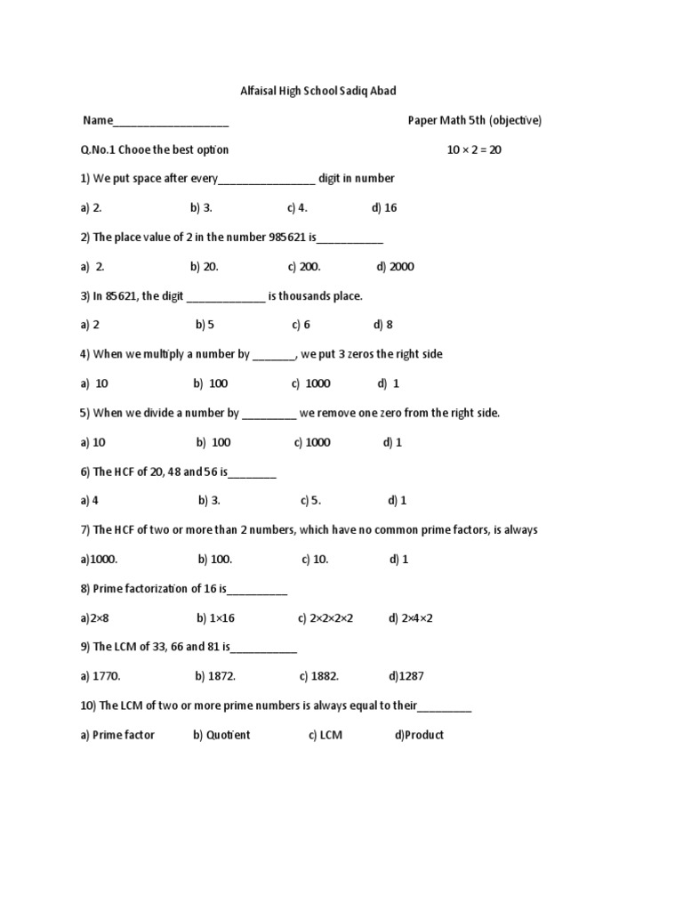 Math Quiz for 5th Graders | PDF