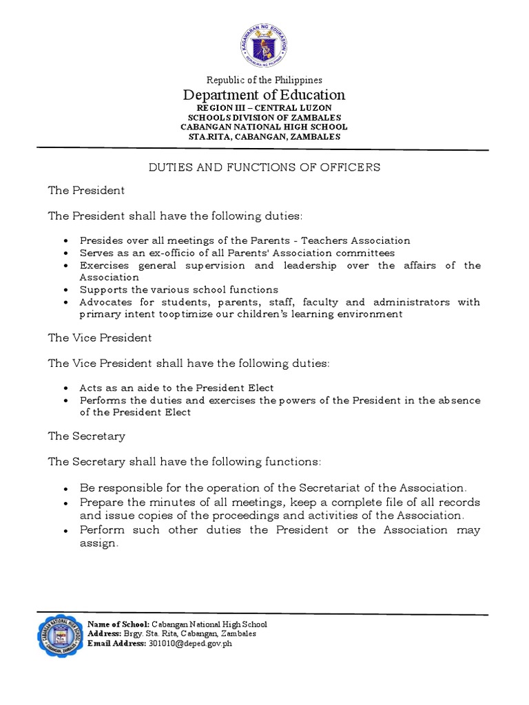 Duties and Responsibilities of PTA Officers PDF