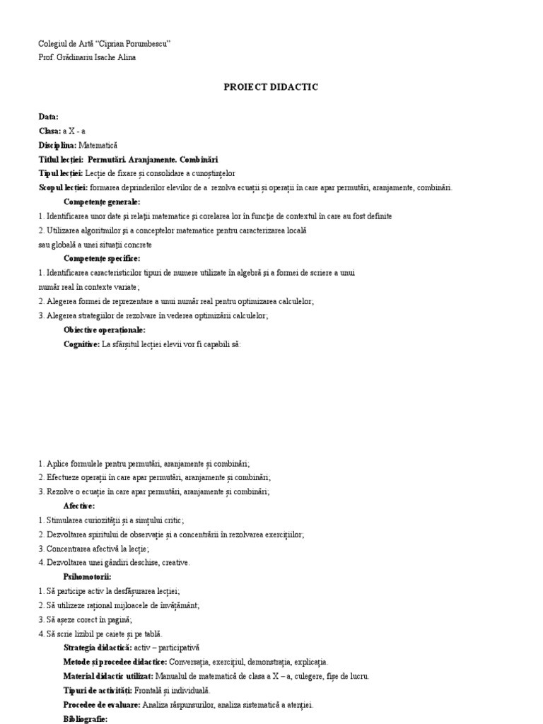 110bproiect Didactic Permutari. Aranjamente. Combinari 1 | PDF