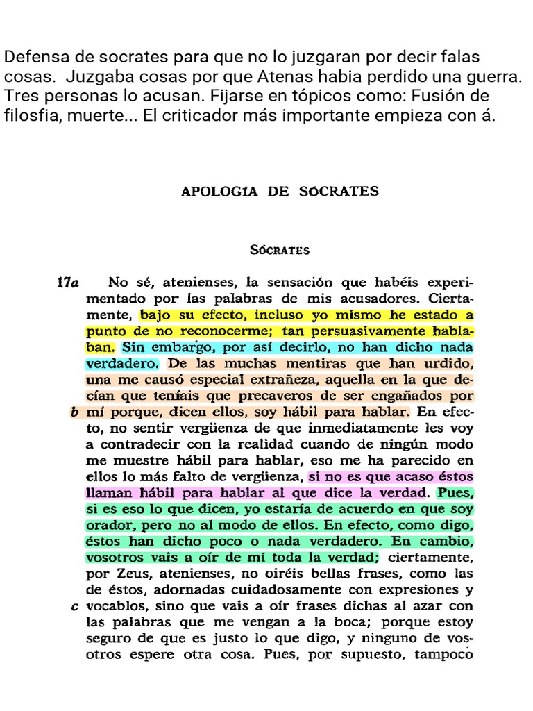 Defensa de Sócrates ante sus acusadores | PDF | Disculpa (Platón ...