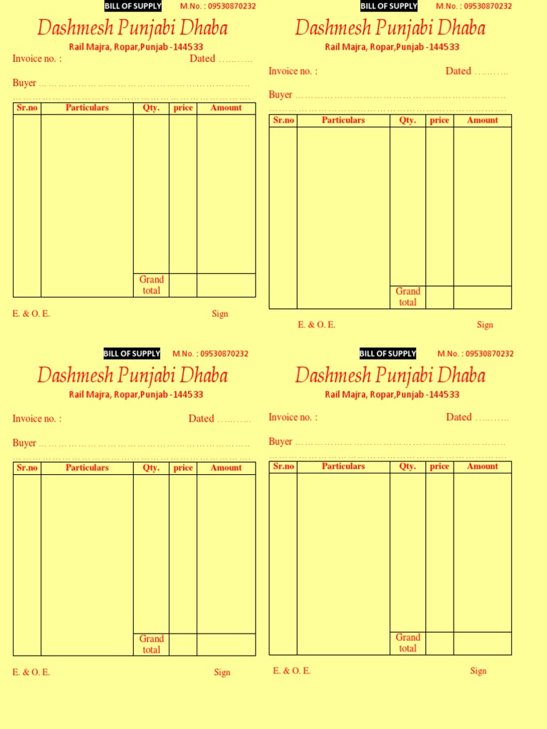 Punjabi dhaba bill pdf