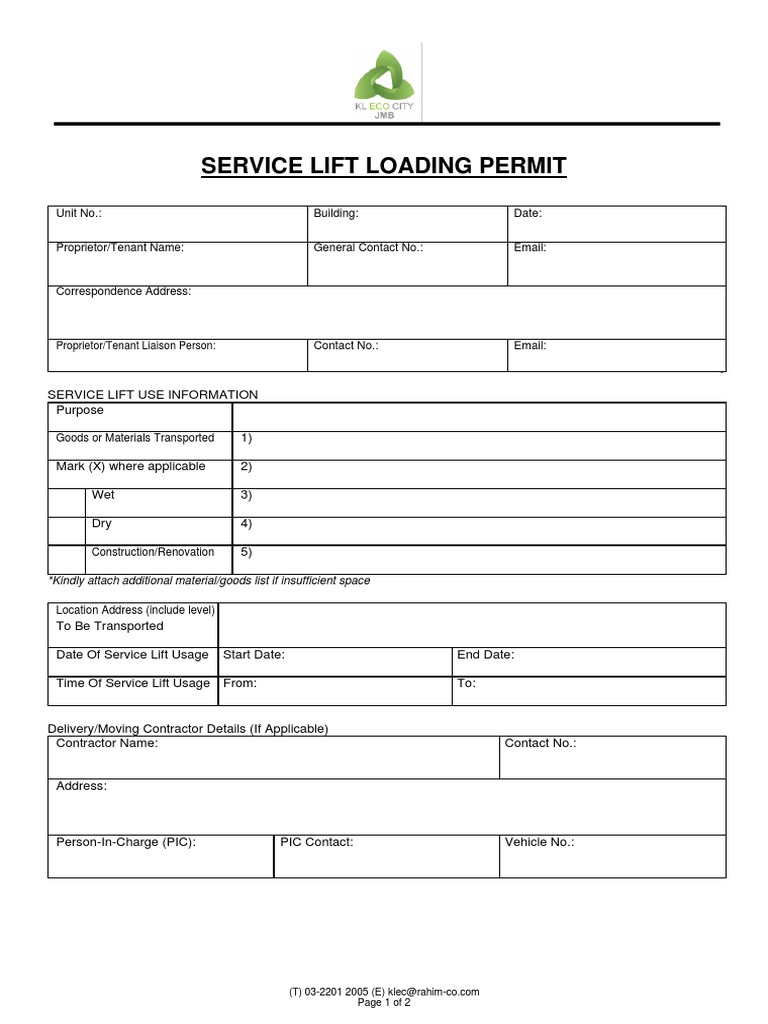 Service Lift Loading Permit PDF Transport
