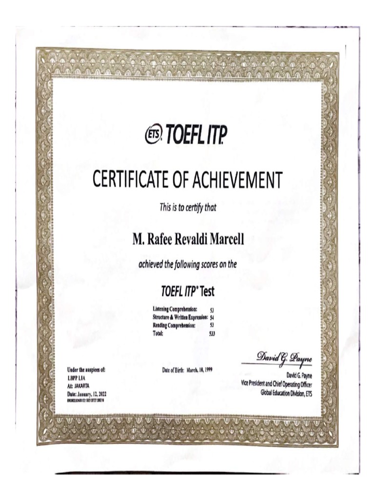 Sertifikat TOEFL - M. Rafee Revaldi Marcell | PDF