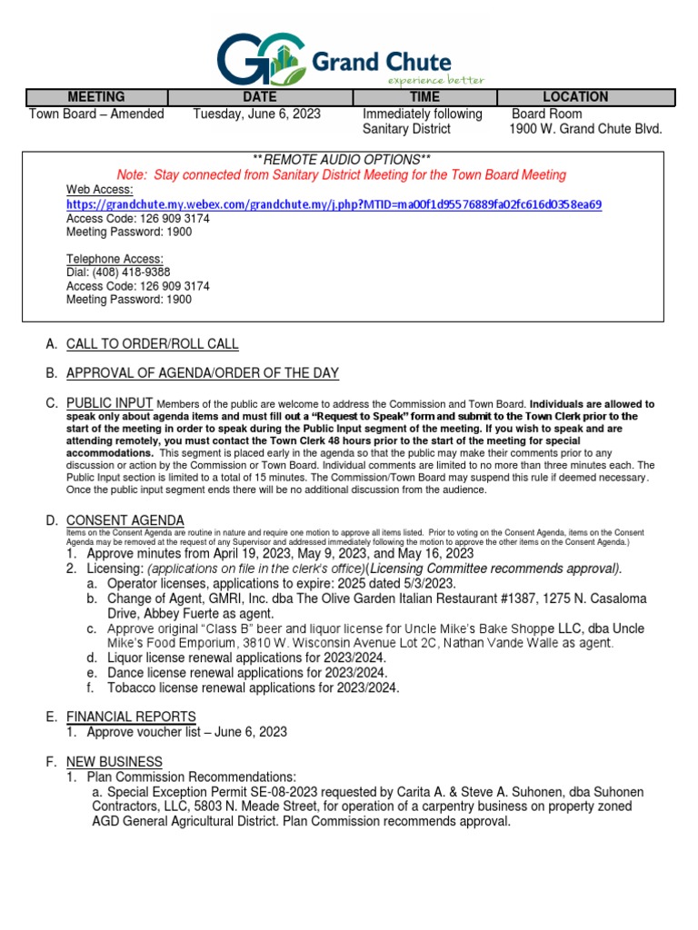 Grand Chute Town Board Agenda For 6/6/23 PDF Agenda (Meeting) Quorum