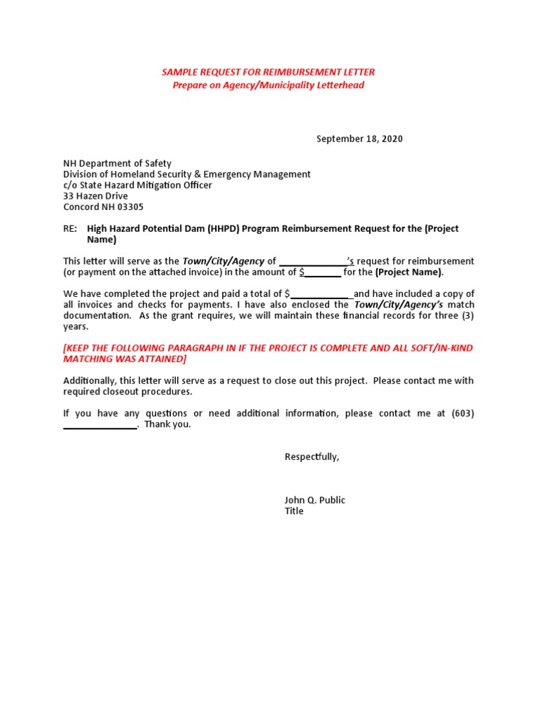 Reimbursement Letter Template