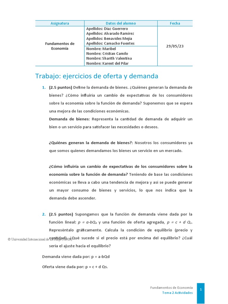 Taller Oferta y Demanda | PDF | Oferta (economía) | Curva de demanda