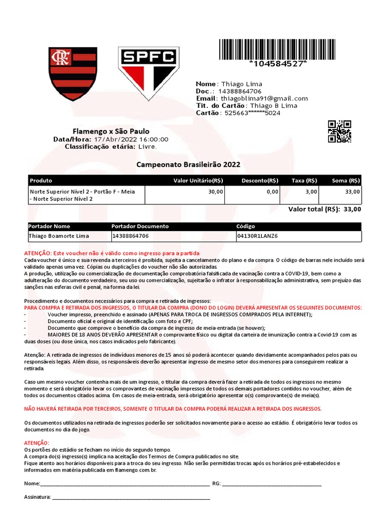 Ingresso Flamengo x São Paulo | PDF