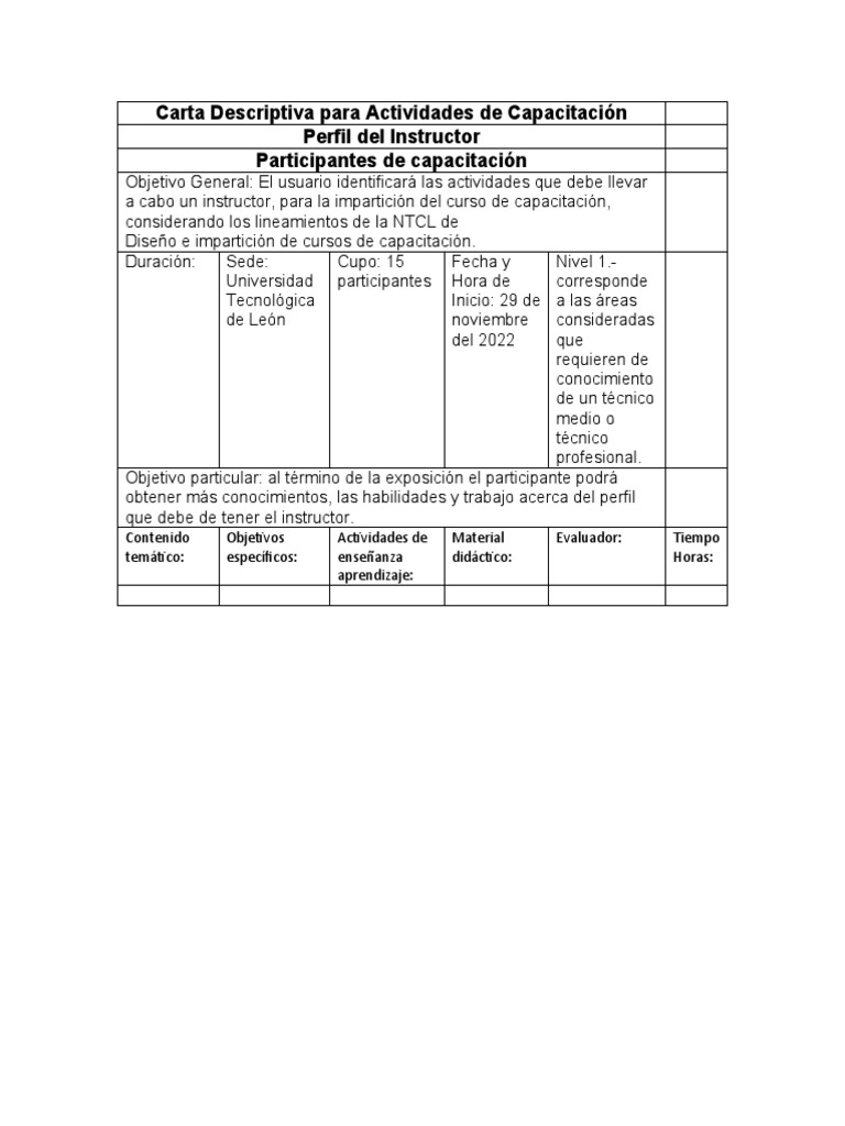 Carta Descriptiva para Actividades de Capacitación | PDF | Enseñando ...