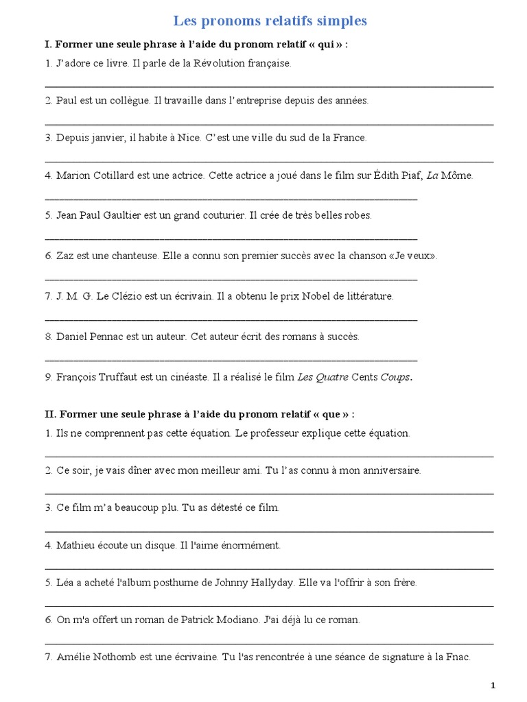Exercices sur les pronoms relatifs simples | PDF | Arts du langage et ...