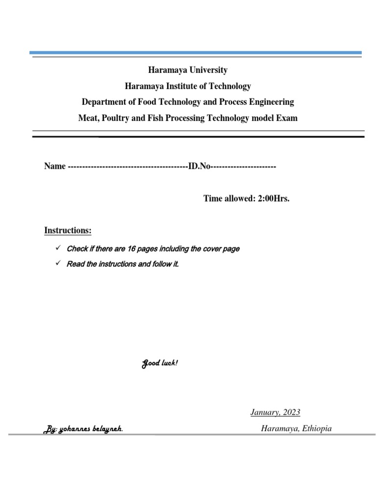 Sample Questions Meat, Poultry and Fish Processing Technology PDF