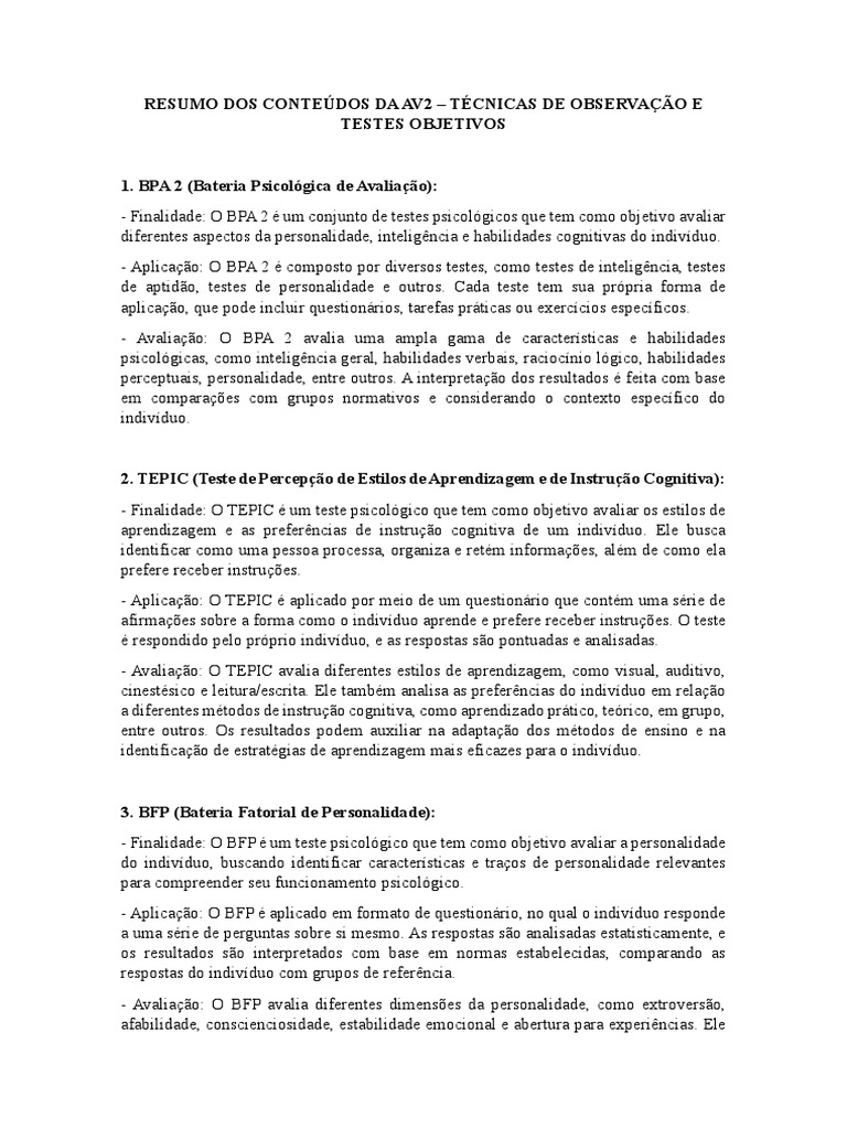 BPA 2, TEPIC e BFP | PDF | Aprendizado | Psicologia