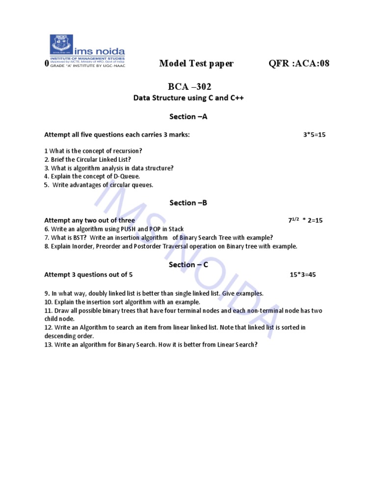 BCA Data Structures Model Test Paper | PDF | Computers | Technology ...