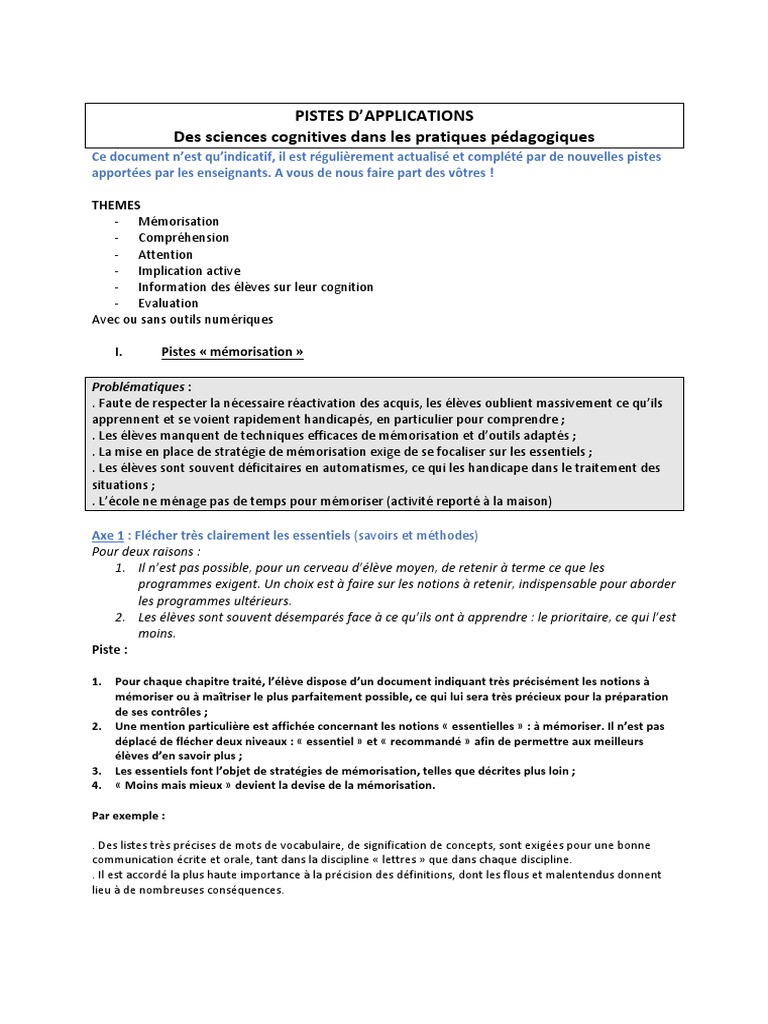 Applications des sciences cognitives en pédagogie | PDF | Mémoire ...