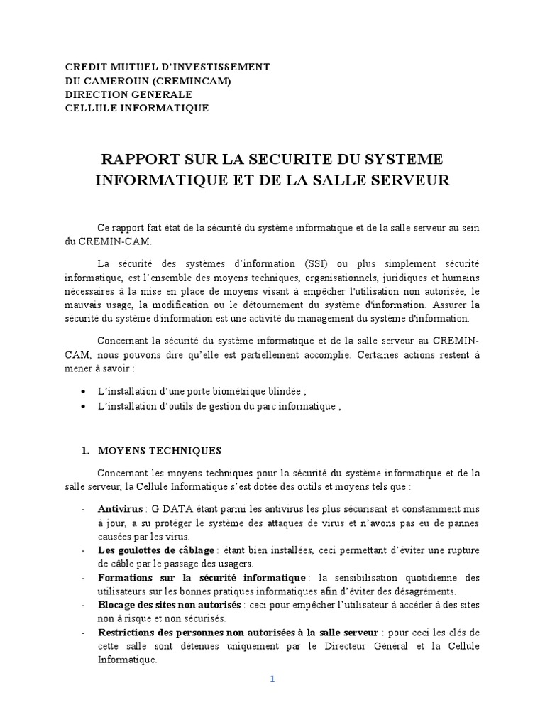 Rapport Sur La Securite Du Systeme Informatique Et de La Salle Des ...