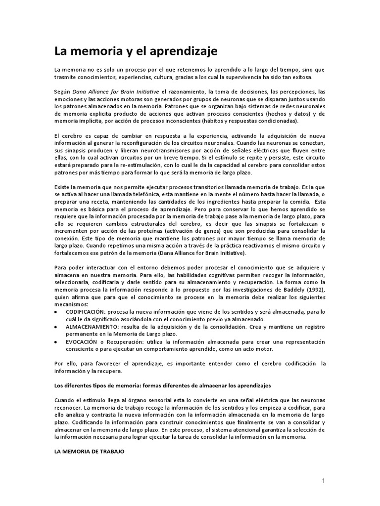 La Memoria y El Aprendizaje | PDF | Sinapsis | Memoria