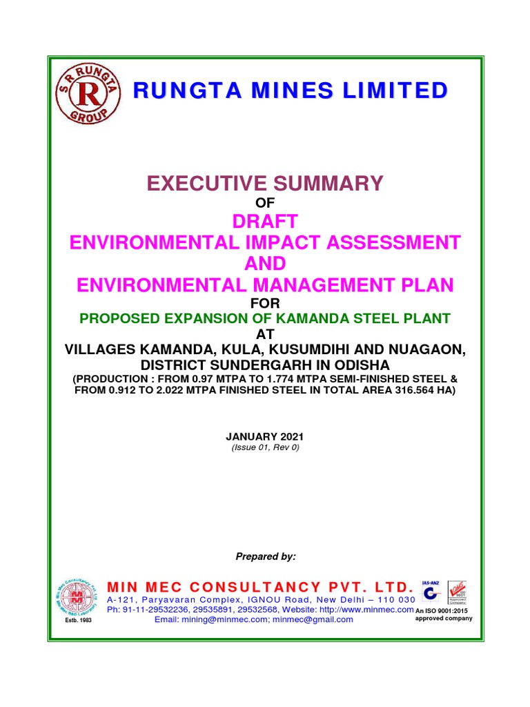 EIA/EMP Summary for Kamanda Steel Expansion | PDF | Blast Furnace | Coal