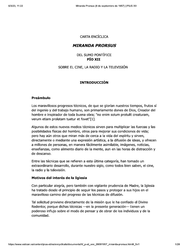 Carta Encíclica Miranda Prorsus de Pío XII Sobre El Cine, La Radio y