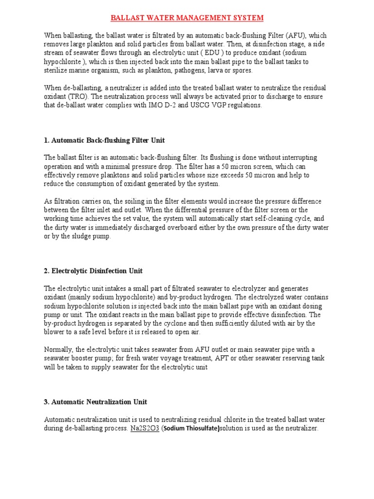 Ballast Water Management System | PDF | Water Purification | Filtration