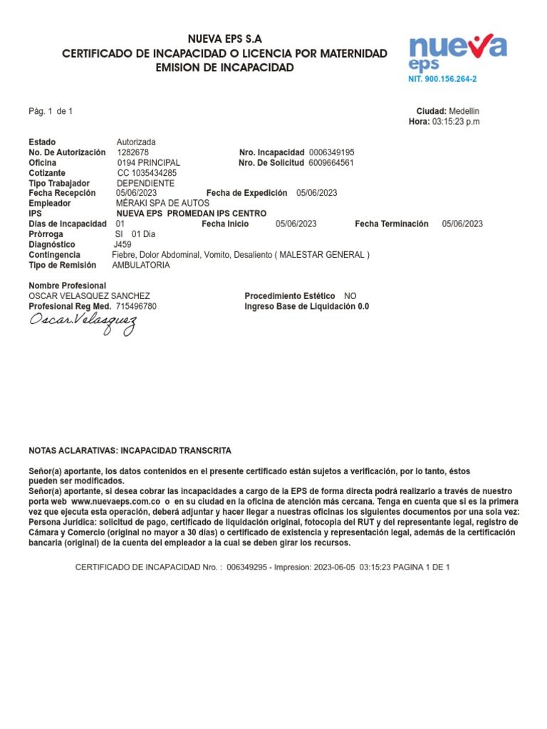 Certificado de Incapacidad Nueva EPS | PDF