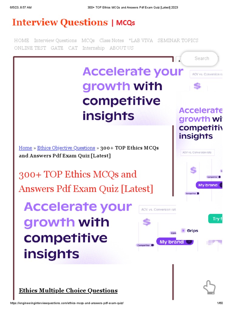 300+ TOP Ethics MCQs and Answers PDF Exam Quiz (Latest) 2023 | PDF