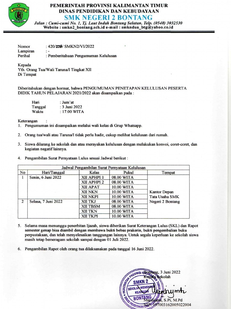 Surat pemberitahuan kelulusan pdf