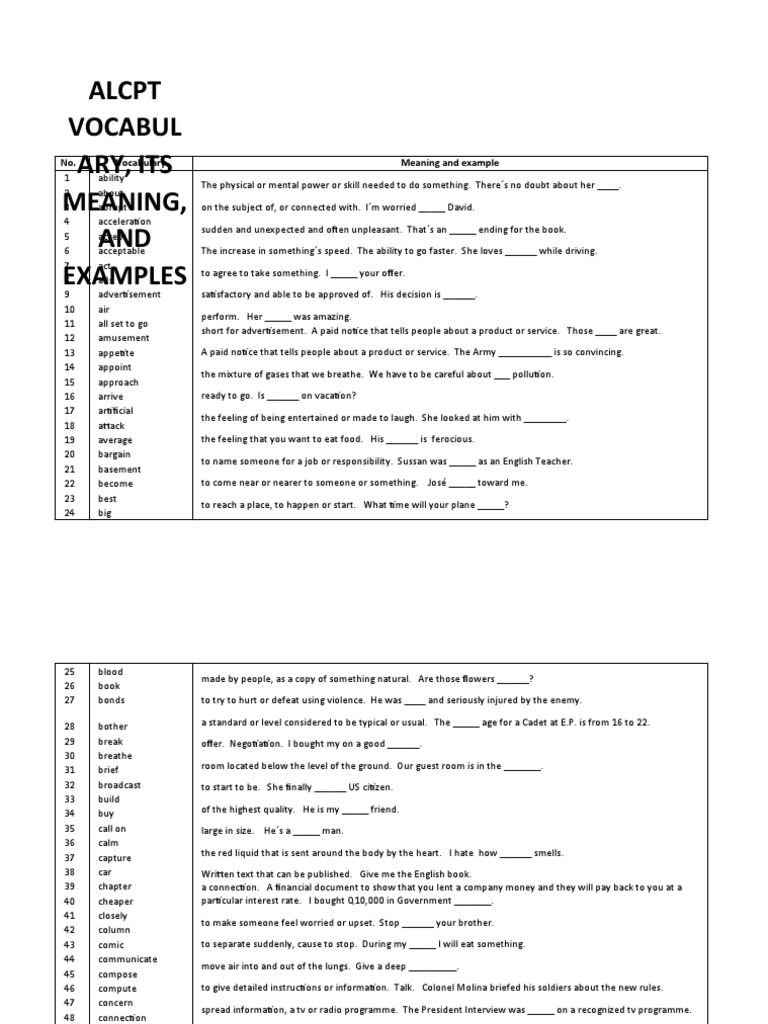 ALCPT Vocabulary and Meanings List | PDF | Heart | Vein
