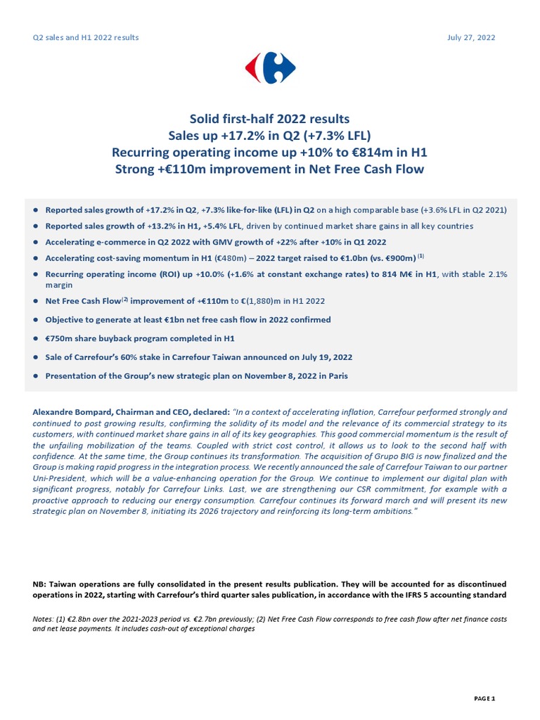 Press Release Carrefour H1 2022 Results 1 PDF Dividend Return