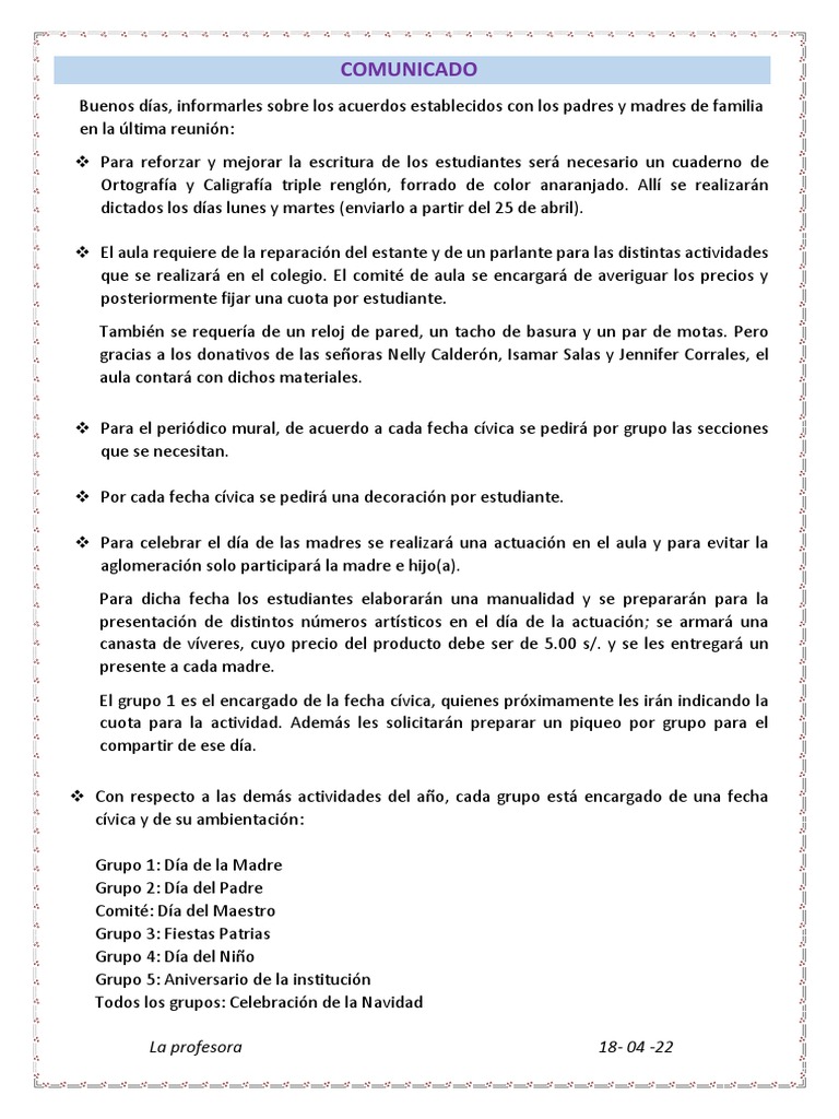Acuerdos Reunión Padres de Familia | PDF | Hogar, jardinería y ...
