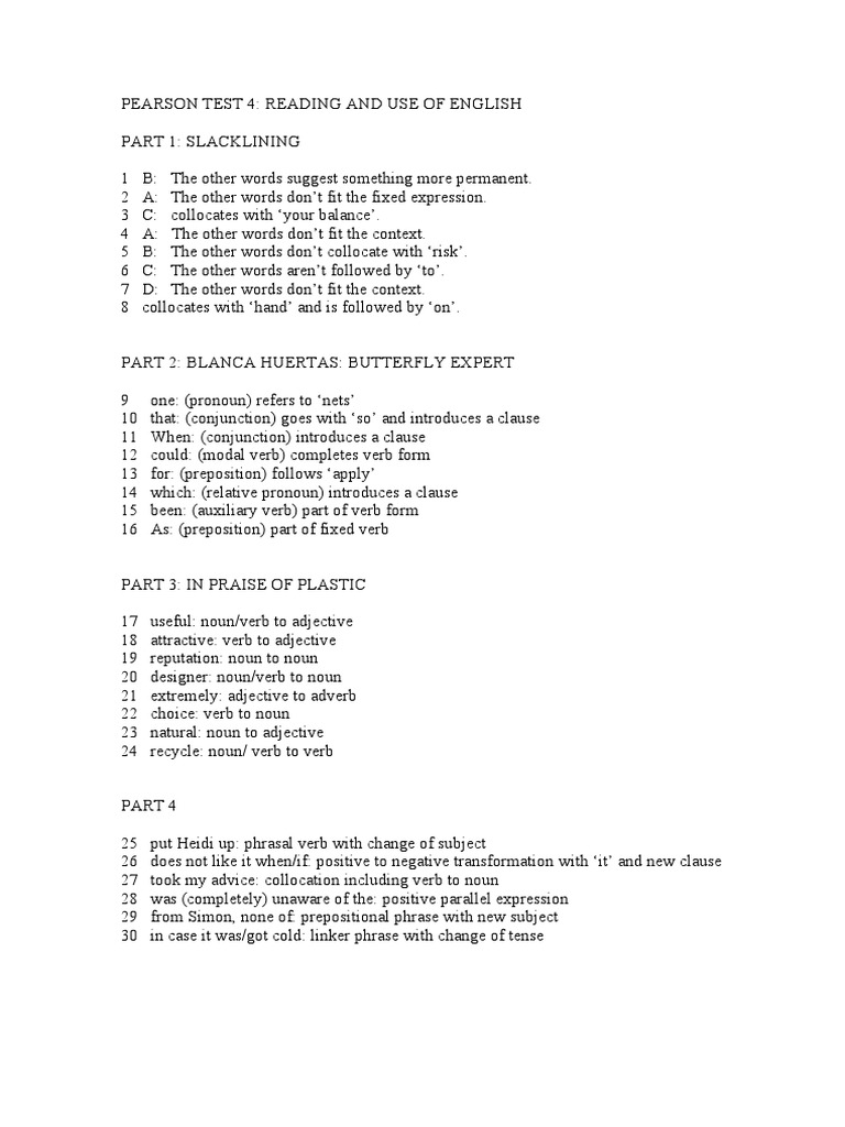 Pearson Test 4: Reading & Use of English | PDF | Verb | Noun