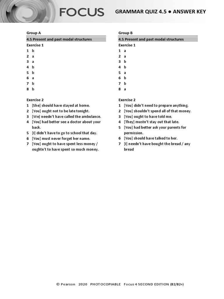 Focus 4 Grammar Quiz 4.5 Answers | PDF