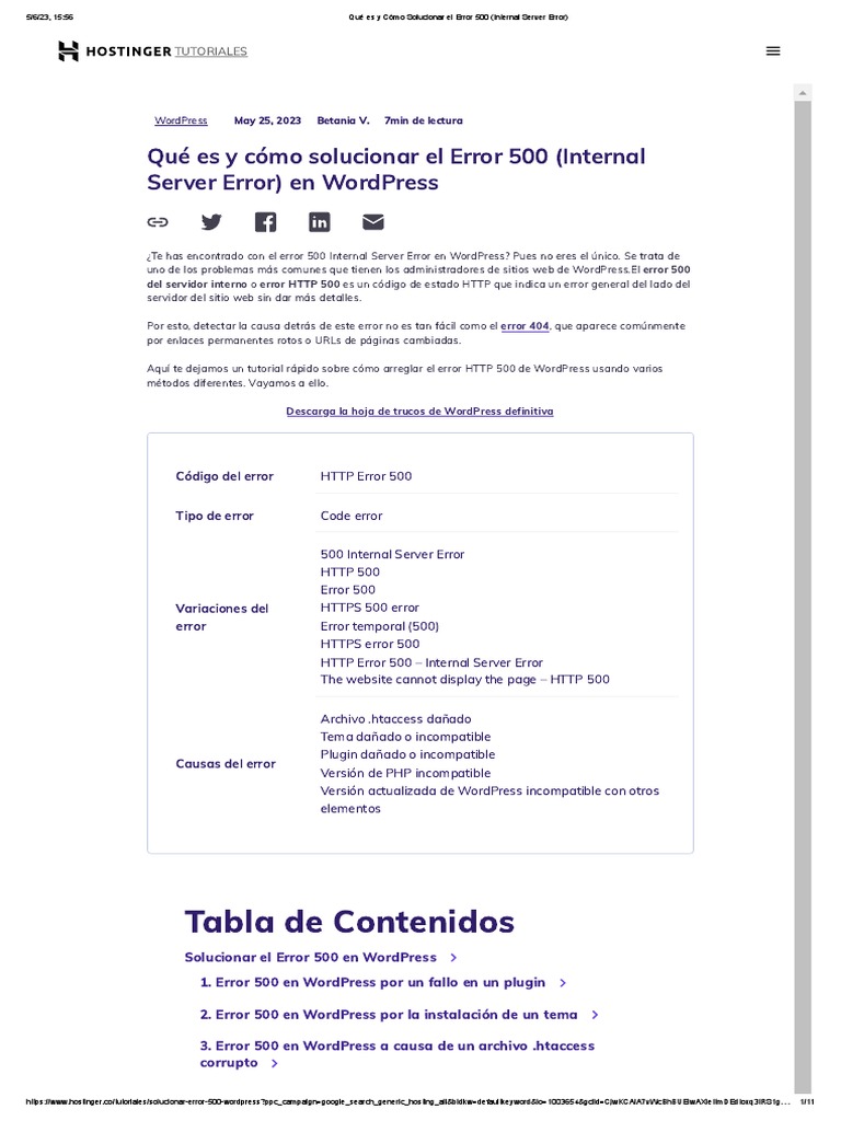 Solución al Error 500 en WordPress | PDF